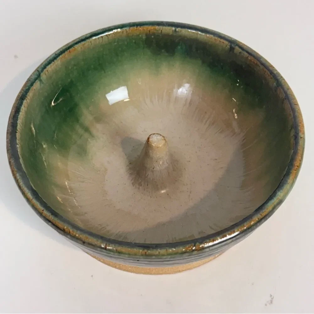 Handmade Green Glazed Pottery Apple Baker Signed 2014